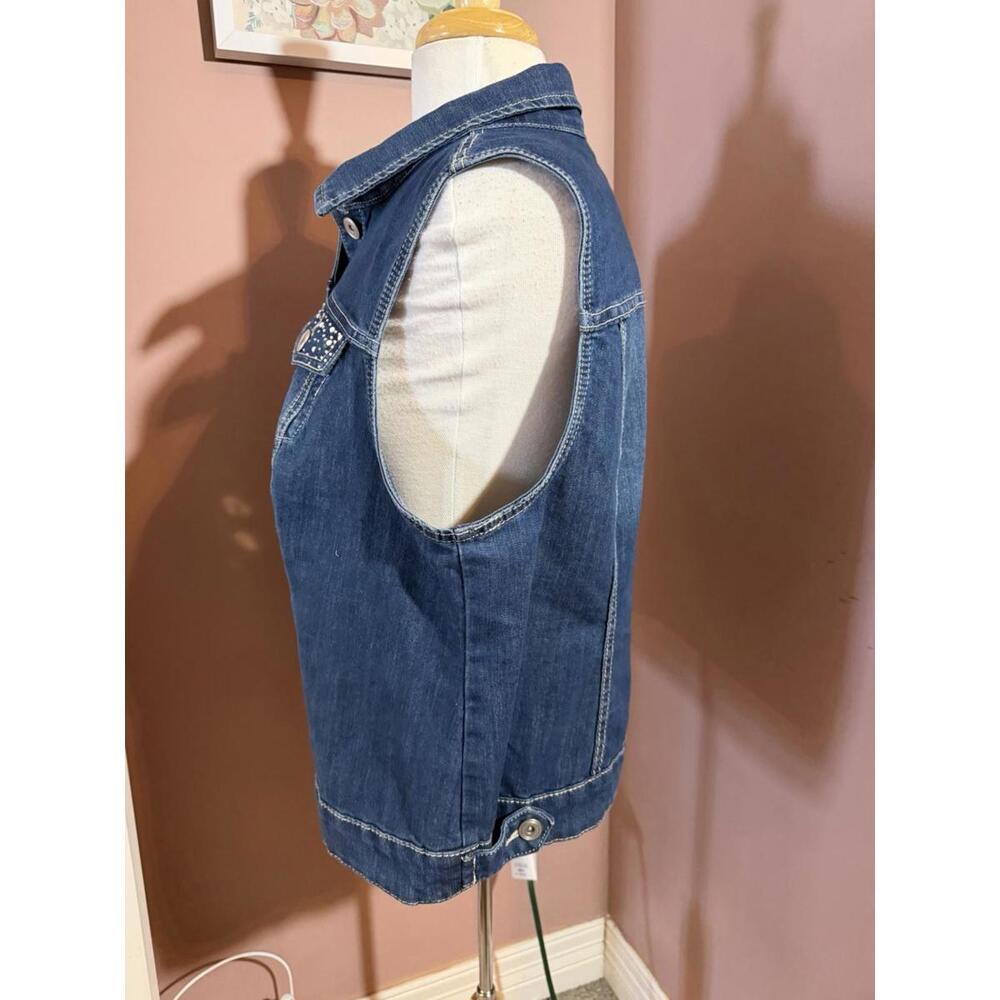CJ Banks Denim Vest Womens X Blue Rhinestone Sleeveless Stretch Buttons Pockets - Picture 2 of 10